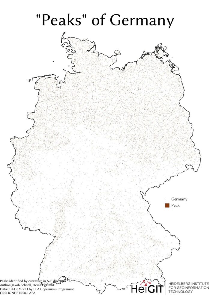 Featured Image: The peaks of Germany identified by curvature in N/E direction, Jakob Schnell's contribution for Day 7 (Raster) of the #30DayMapChallenge.