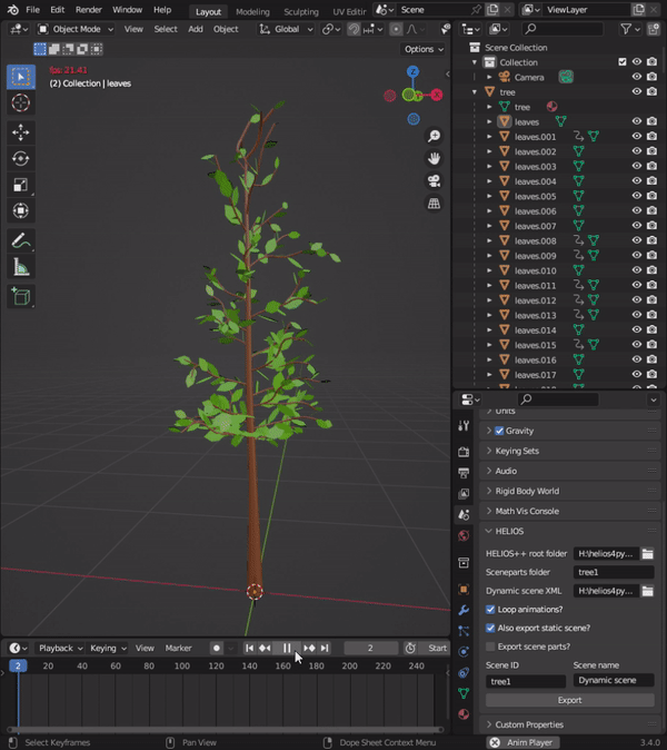 GIF of a Blender animation of a tree with leaf flutter. In the lower left, there is the GUI of the dyn_b2h add-on to export the animation for HELIOS++
