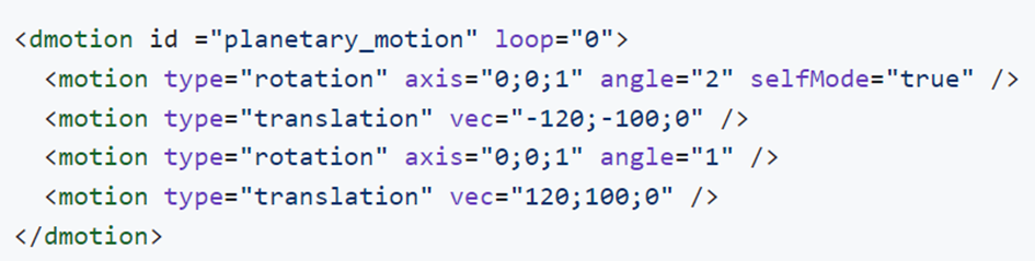 Screenshot of the XML syntax to define a planetary motion using rigid motion (combination of rotation and translation)