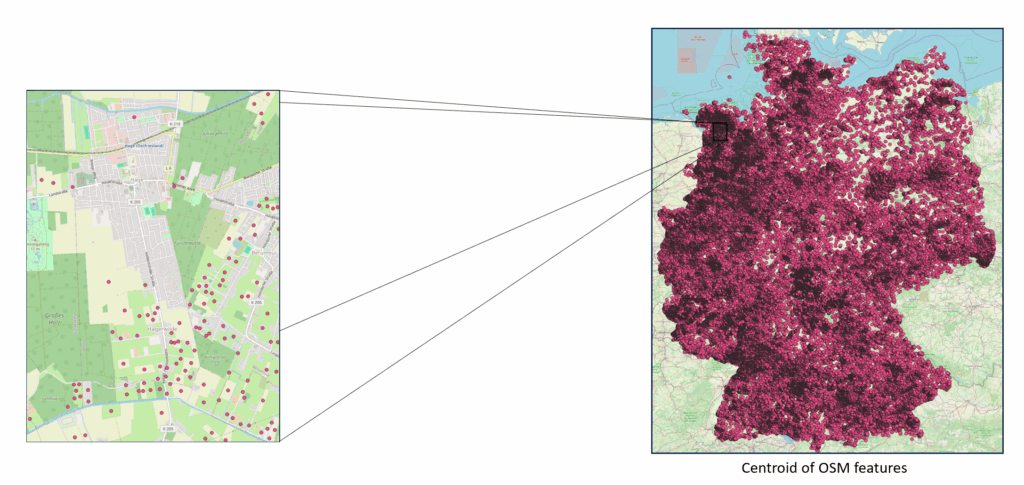 Centroid of OSM features: map of Germany and more specifically of Norden, Germany