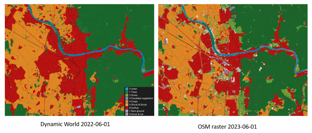 comparison of maps of Dynamic World Map (2022-06-01) and OSM raster (2023-06-01)