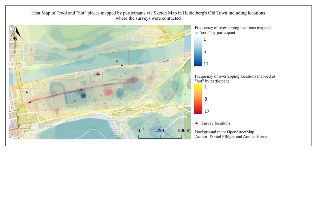 Heat Map of “cool” and “hot” places mapped by participants via Sketch Map in Heidelberg’s Old Town including locations where the surveys were conducted