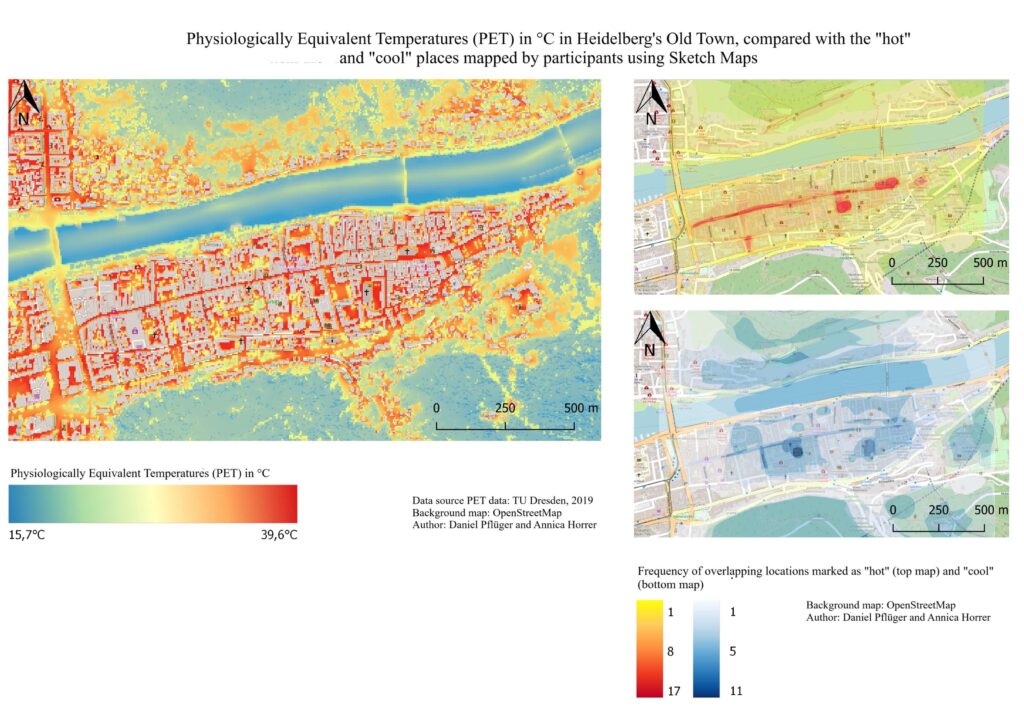 Physiologically Equivalent Temperatures (PET) in °C Heidelberg’s Old Town, compared with the “hot” and “cool” places mapped by participants using Sketch Maps