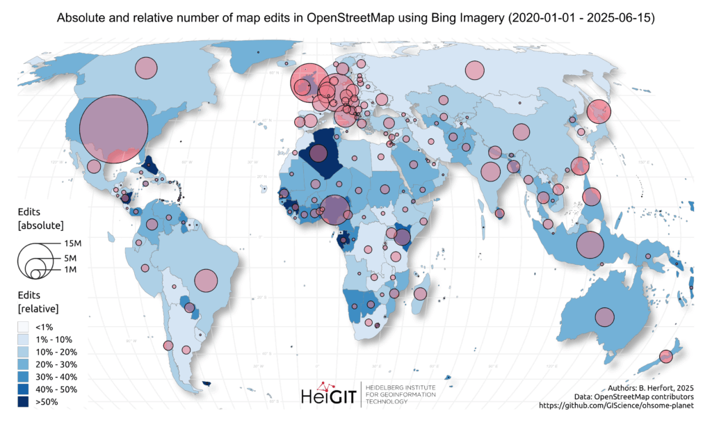 world map showing the absolute and relative number of map edits in OpenStreetMap using Bing Imagery (2020-01-01 - 2025-06-15), using different sizes of circles and colors