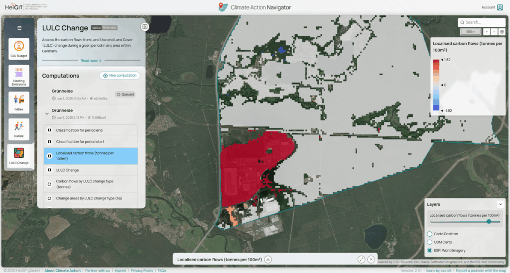 Screenshot of the Climate Action Navigator, LULC Change in Grünheide