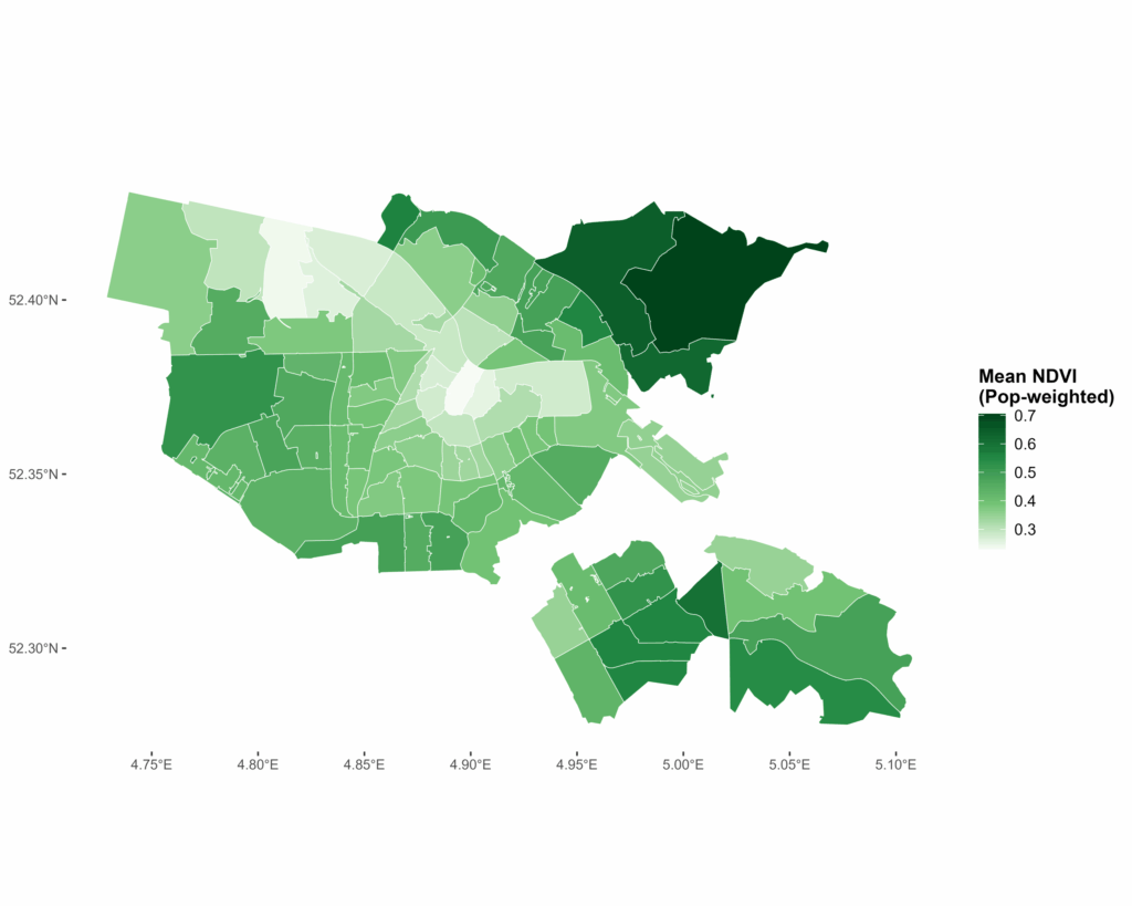 Map visualization of mean NDVI (population-weighted) across various neighborhoods, shown in shades of green from light to dark.